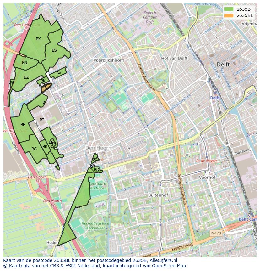 Afbeelding van het postcodegebied 2635 BL op de kaart.