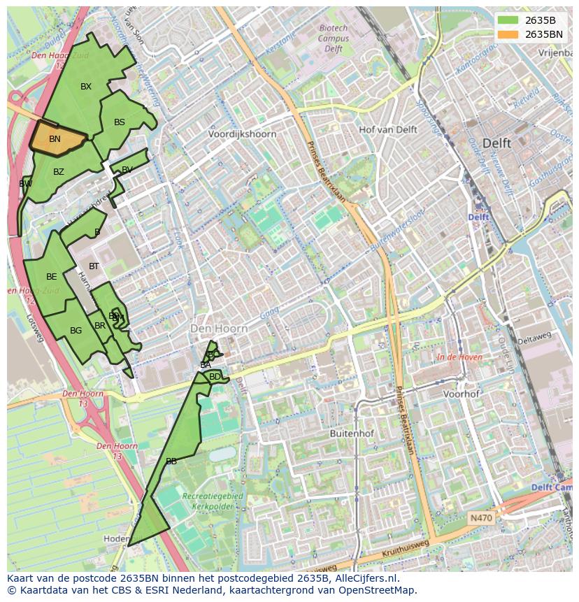 Afbeelding van het postcodegebied 2635 BN op de kaart.