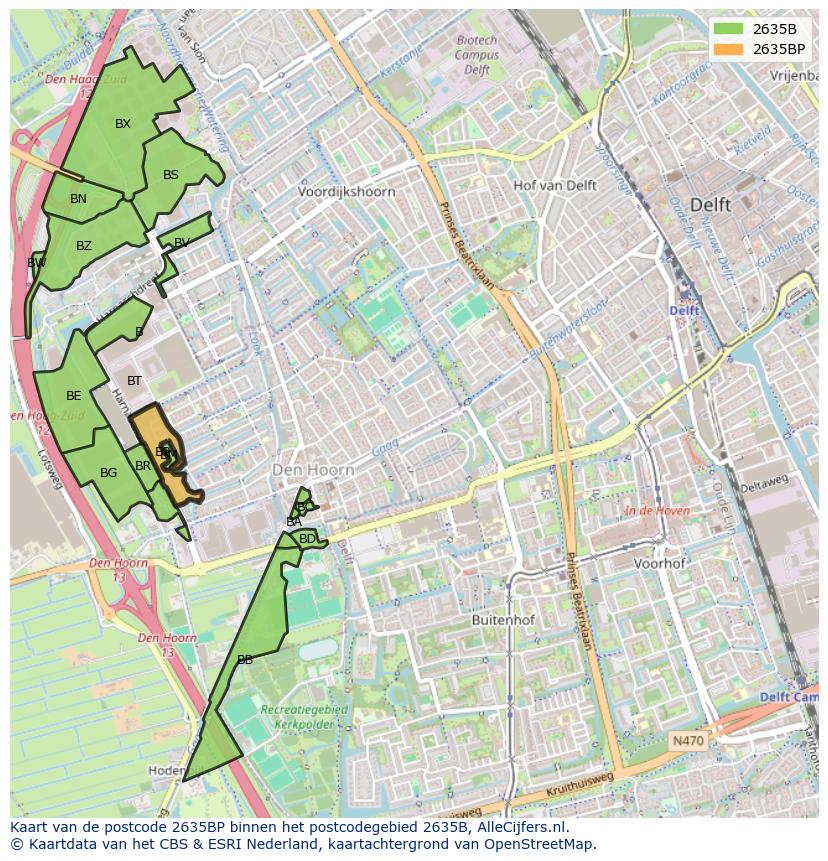 Afbeelding van het postcodegebied 2635 BP op de kaart.
