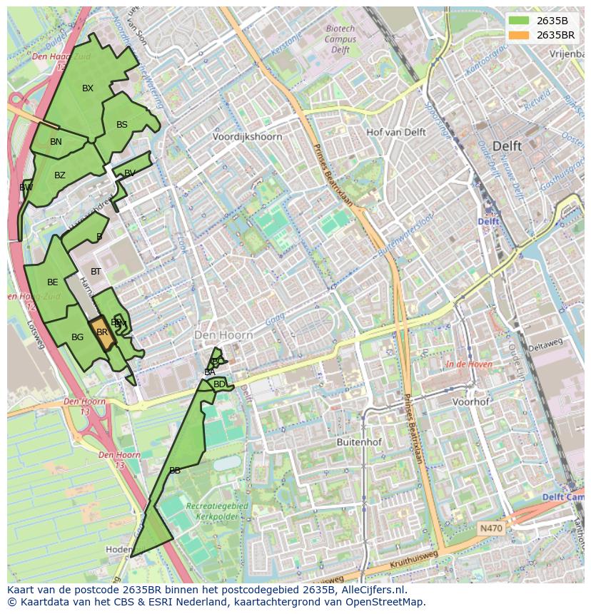 Afbeelding van het postcodegebied 2635 BR op de kaart.