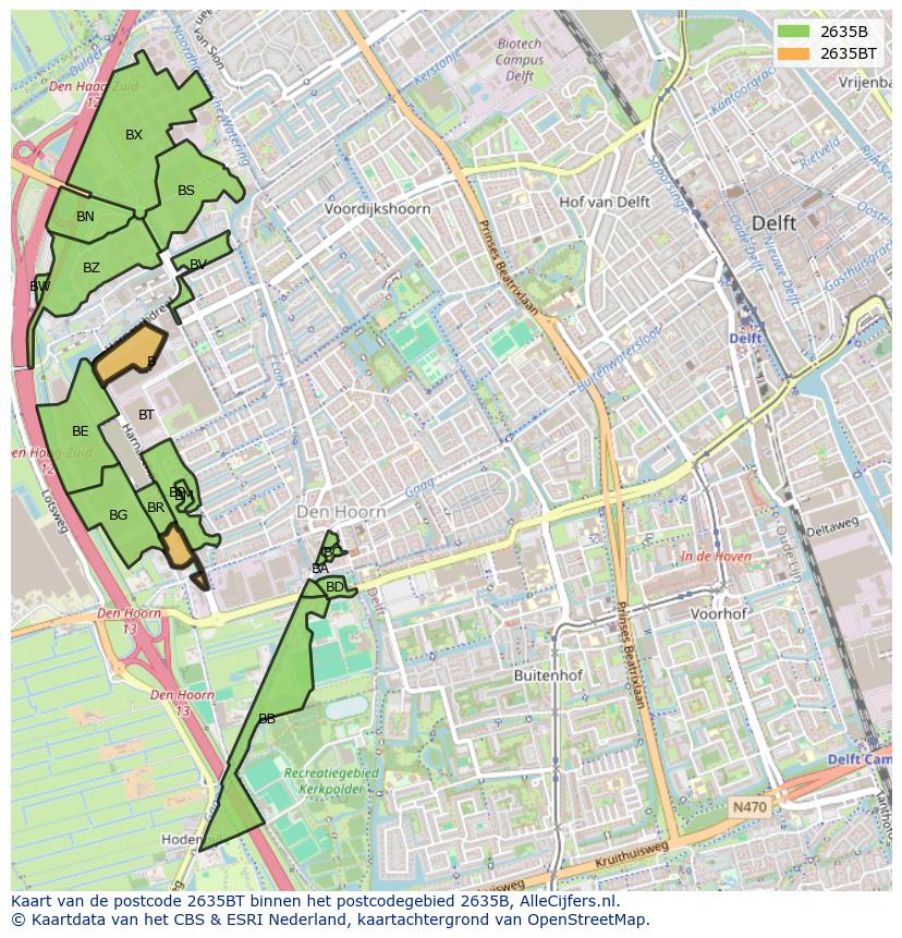 Afbeelding van het postcodegebied 2635 BT op de kaart.