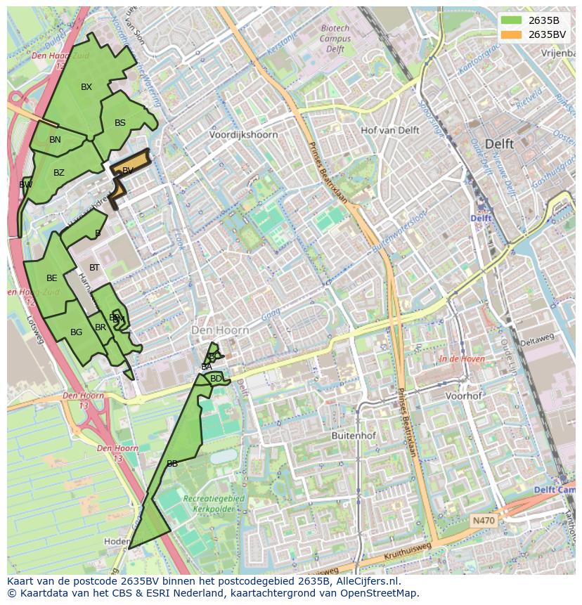 Afbeelding van het postcodegebied 2635 BV op de kaart.