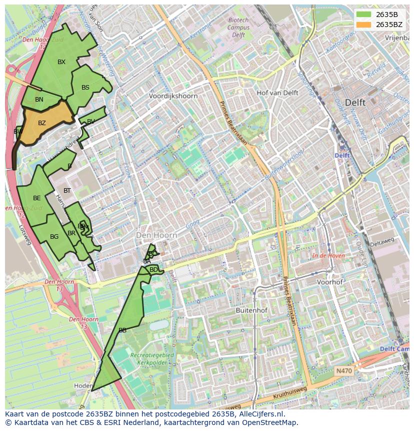 Afbeelding van het postcodegebied 2635 BZ op de kaart.