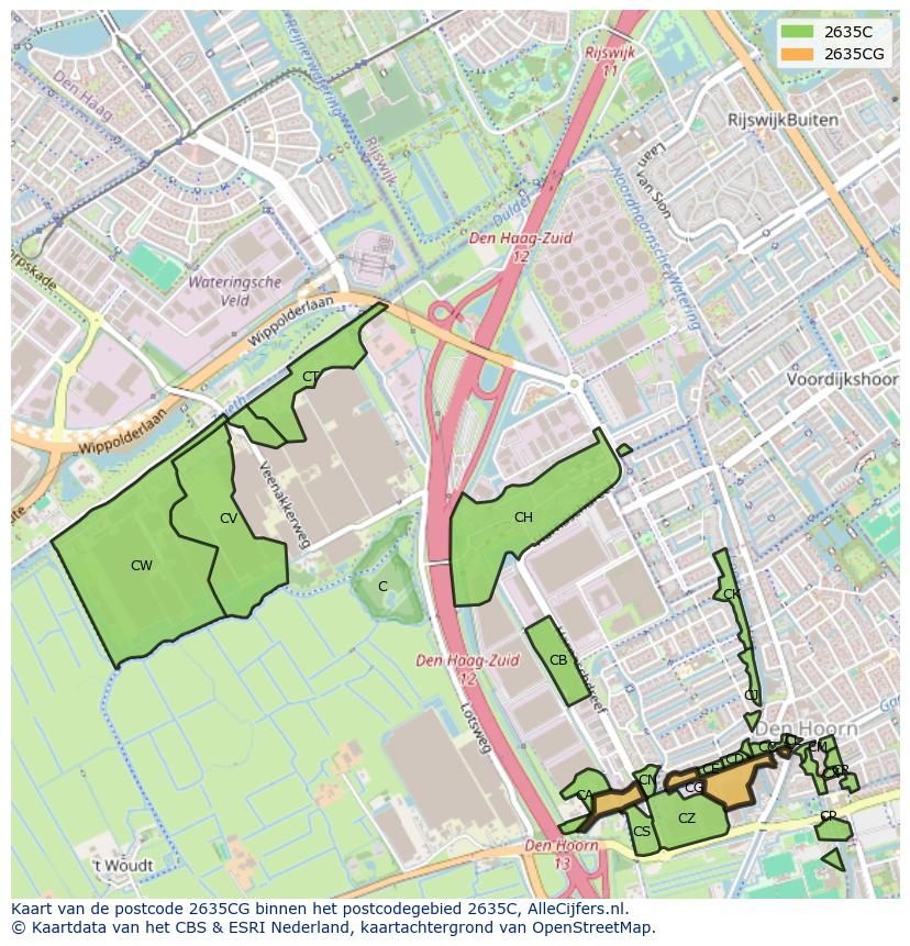 Afbeelding van het postcodegebied 2635 CG op de kaart.
