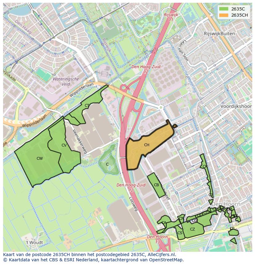Afbeelding van het postcodegebied 2635 CH op de kaart.