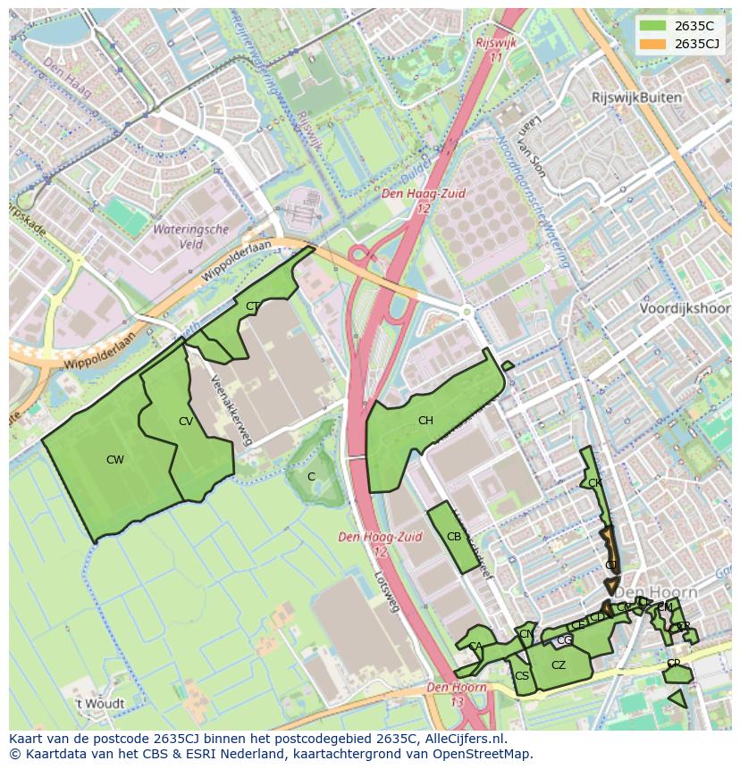 Afbeelding van het postcodegebied 2635 CJ op de kaart.