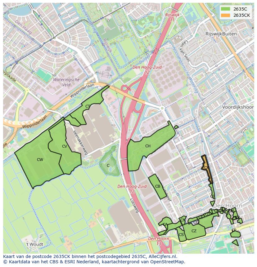 Afbeelding van het postcodegebied 2635 CK op de kaart.