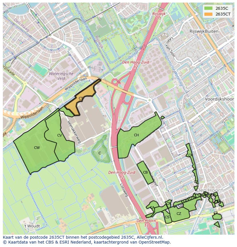 Afbeelding van het postcodegebied 2635 CT op de kaart.