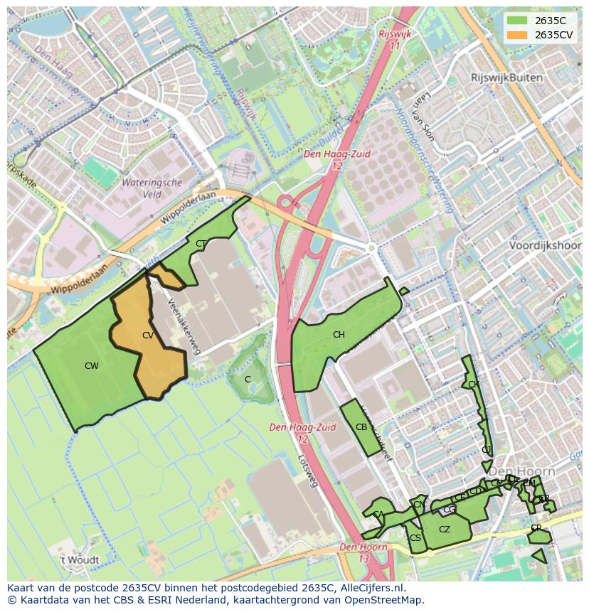 Afbeelding van het postcodegebied 2635 CV op de kaart.