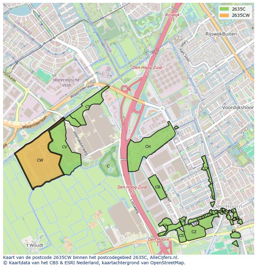 Afbeelding van het postcodegebied 2635 CW op de kaart.