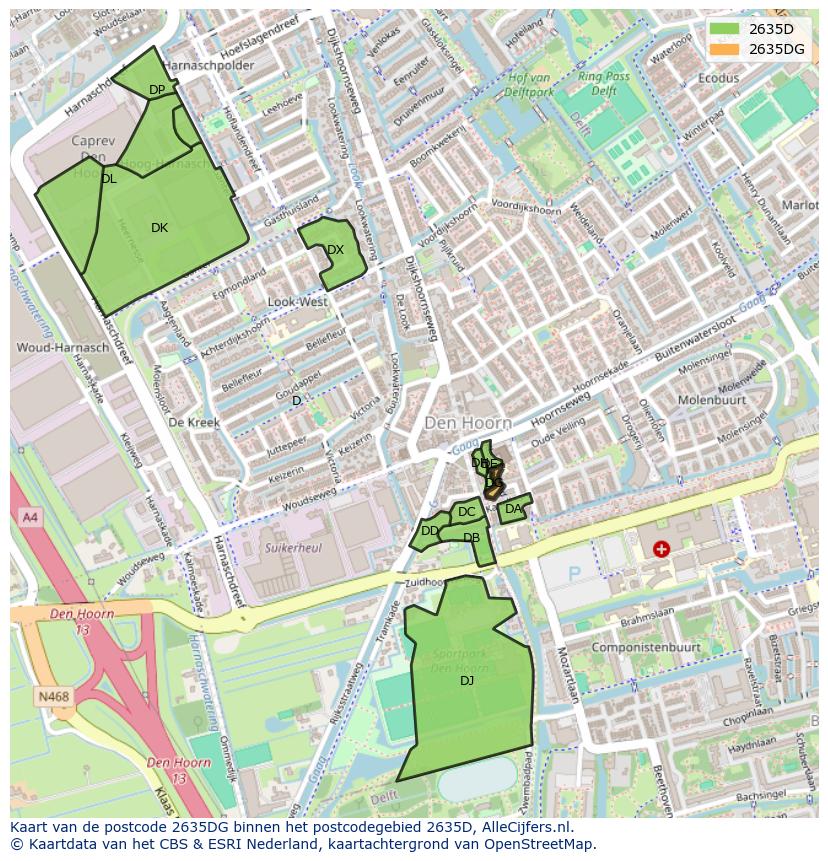 Afbeelding van het postcodegebied 2635 DG op de kaart.
