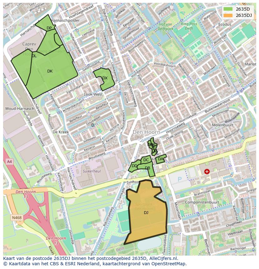 Afbeelding van het postcodegebied 2635 DJ op de kaart.