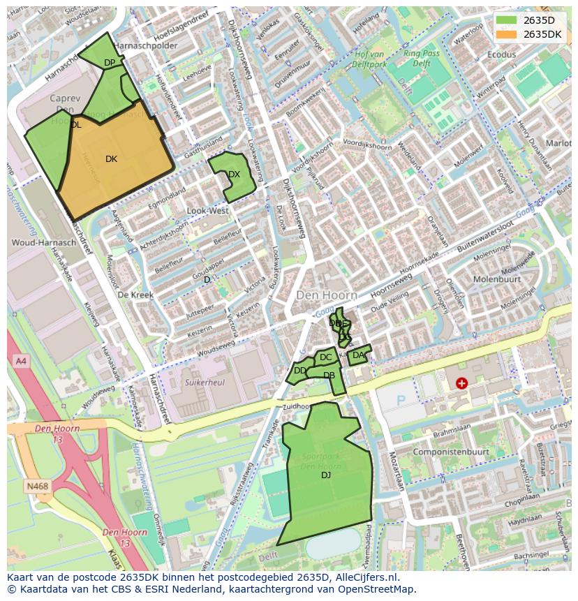 Afbeelding van het postcodegebied 2635 DK op de kaart.