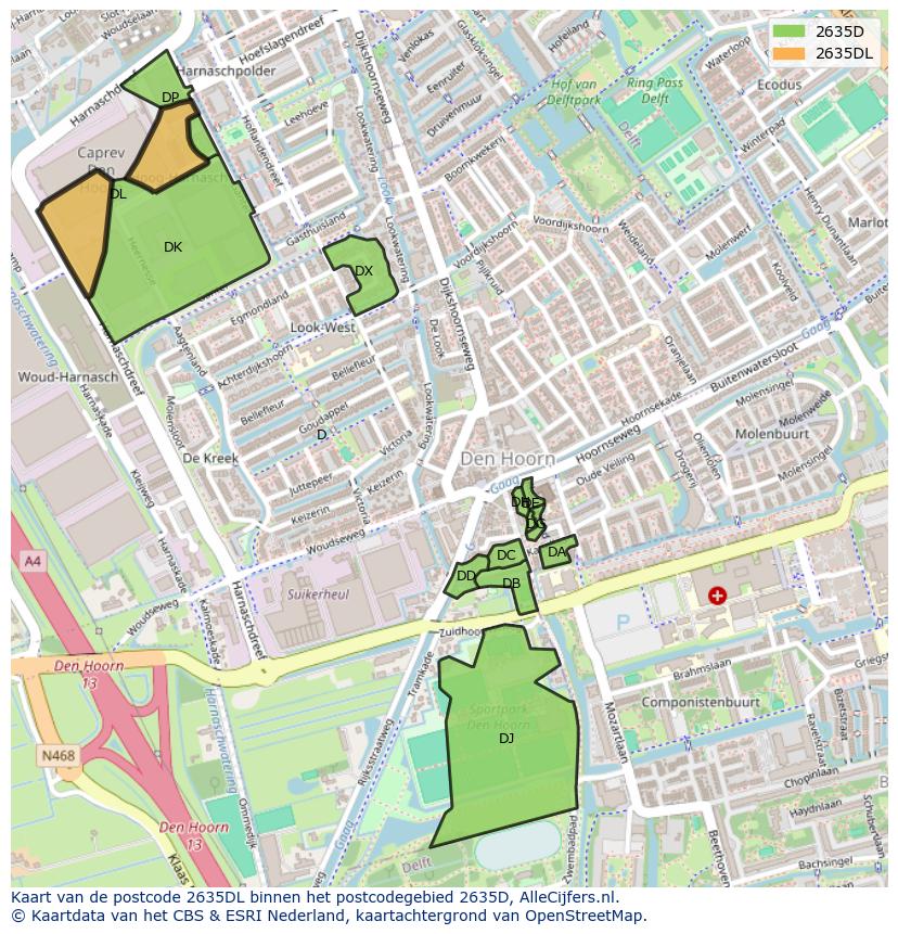 Afbeelding van het postcodegebied 2635 DL op de kaart.