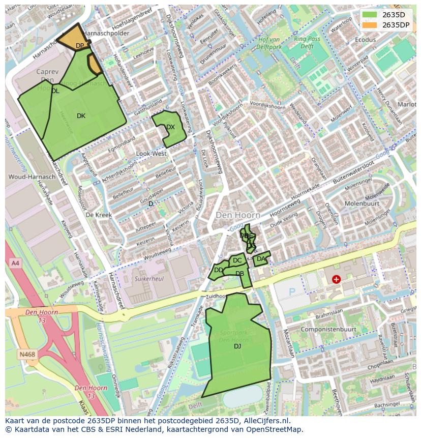 Afbeelding van het postcodegebied 2635 DP op de kaart.