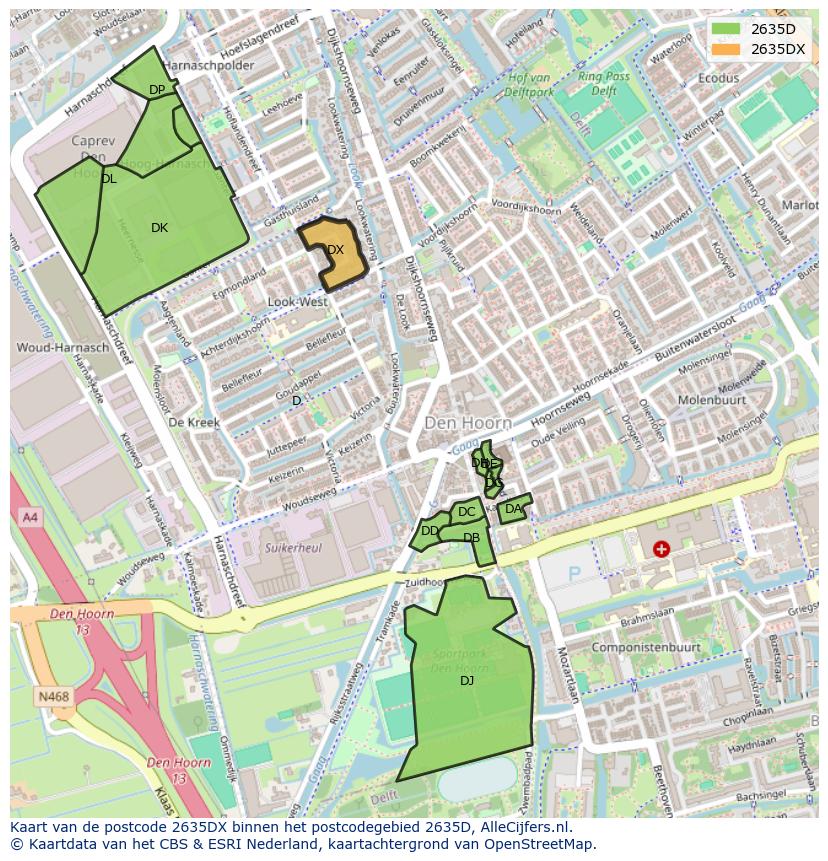 Afbeelding van het postcodegebied 2635 DX op de kaart.