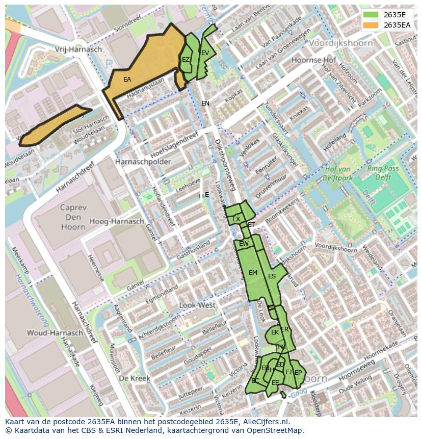 Afbeelding van het postcodegebied 2635 EA op de kaart.