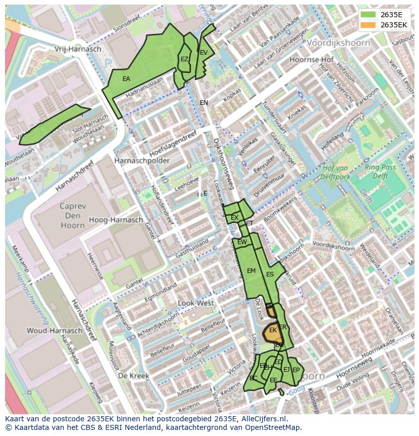 Afbeelding van het postcodegebied 2635 EK op de kaart.
