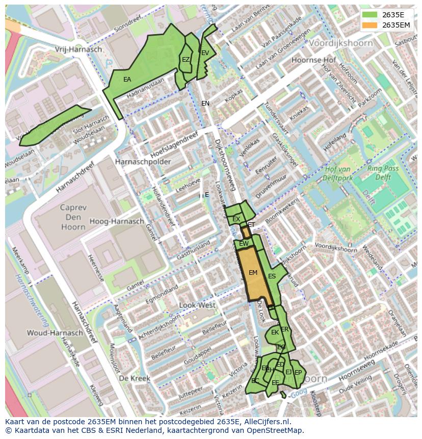 Afbeelding van het postcodegebied 2635 EM op de kaart.