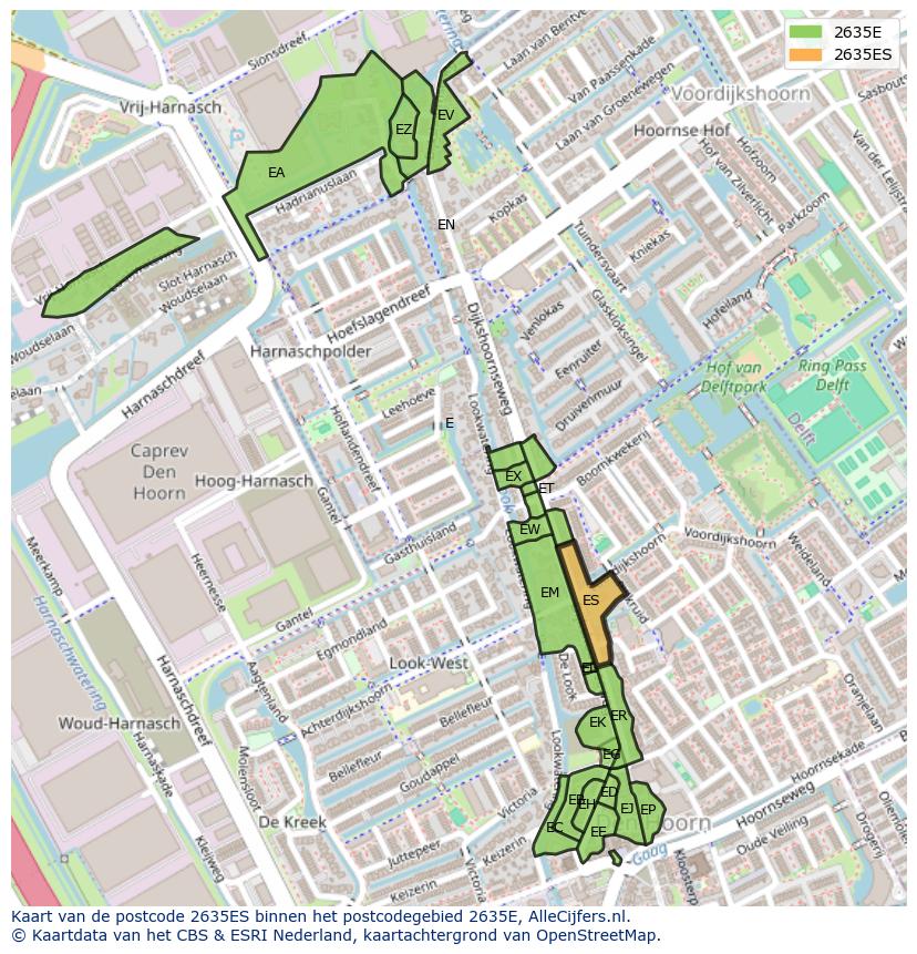 Afbeelding van het postcodegebied 2635 ES op de kaart.
