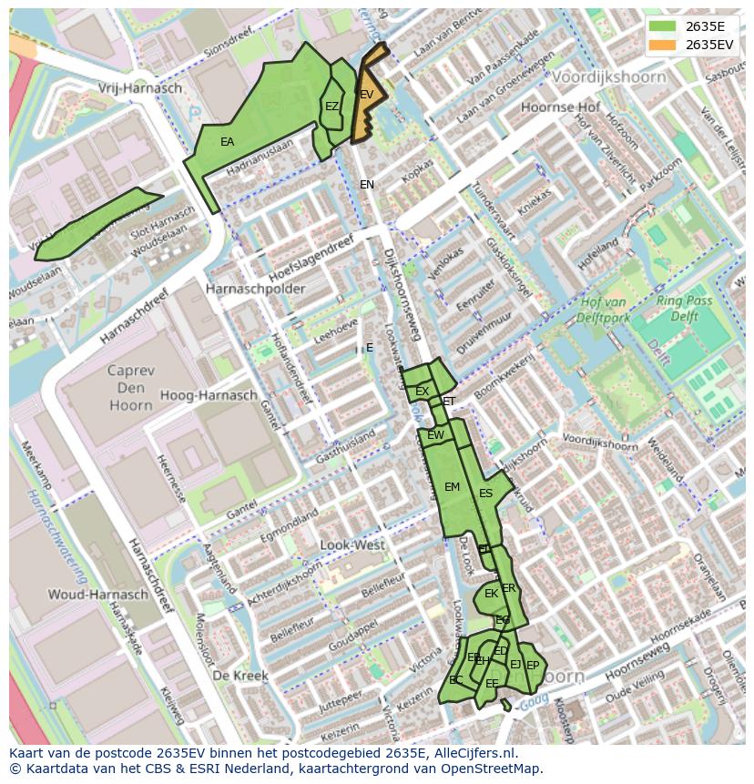Afbeelding van het postcodegebied 2635 EV op de kaart.