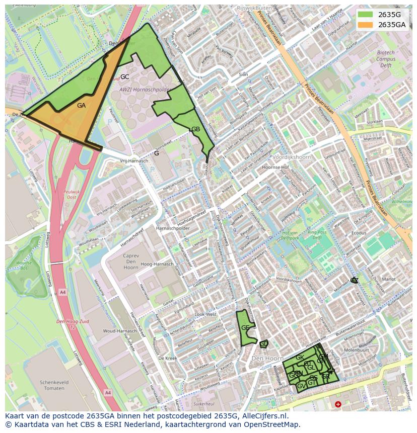 Afbeelding van het postcodegebied 2635 GA op de kaart.