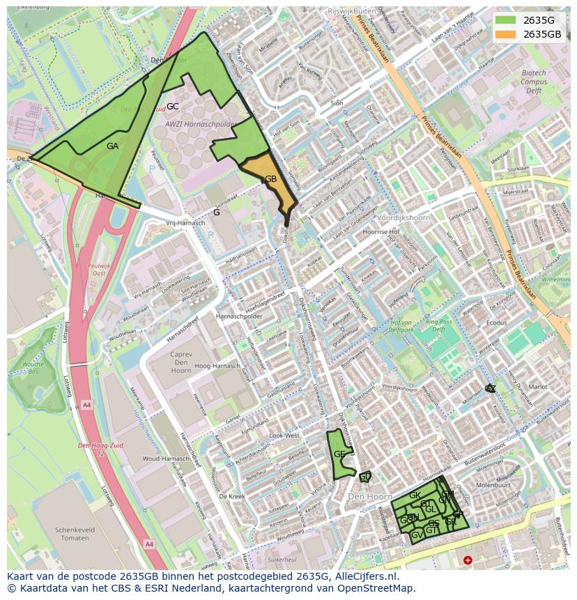 Afbeelding van het postcodegebied 2635 GB op de kaart.