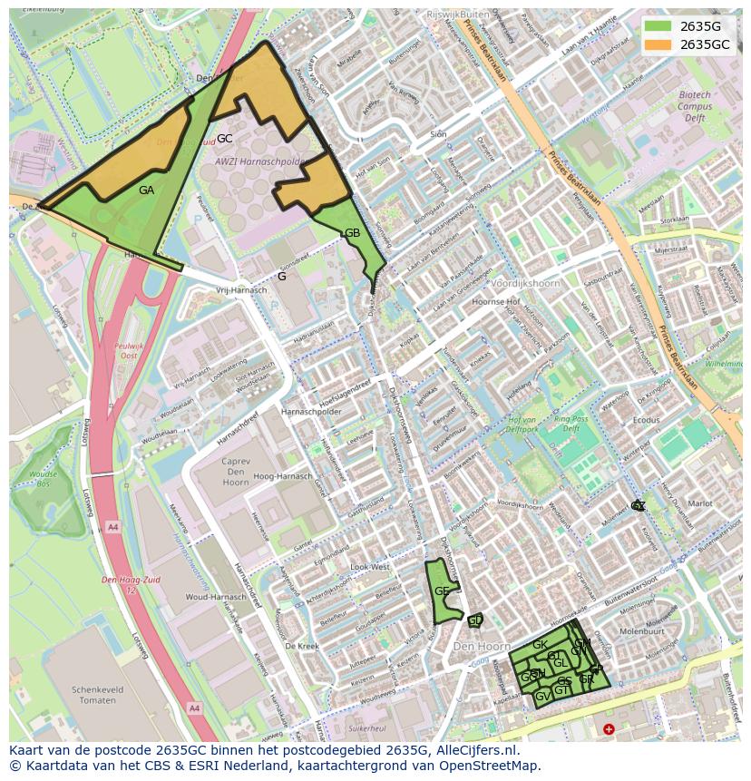Afbeelding van het postcodegebied 2635 GC op de kaart.