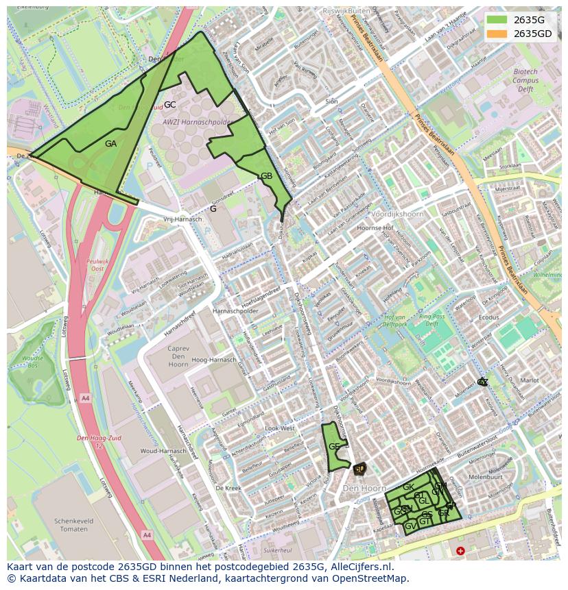 Afbeelding van het postcodegebied 2635 GD op de kaart.