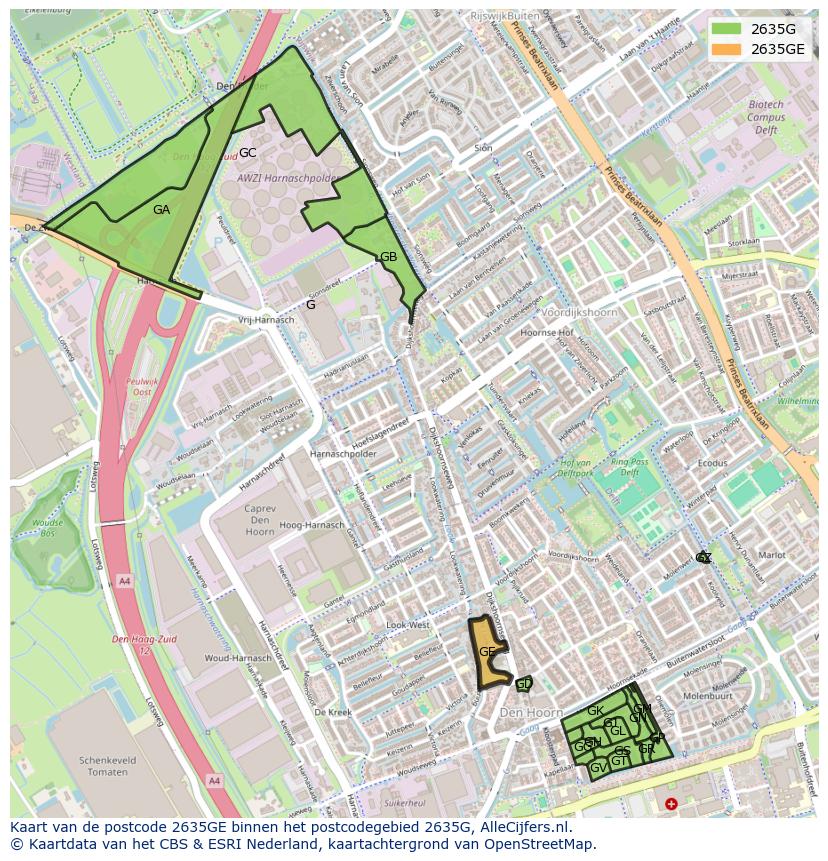 Afbeelding van het postcodegebied 2635 GE op de kaart.