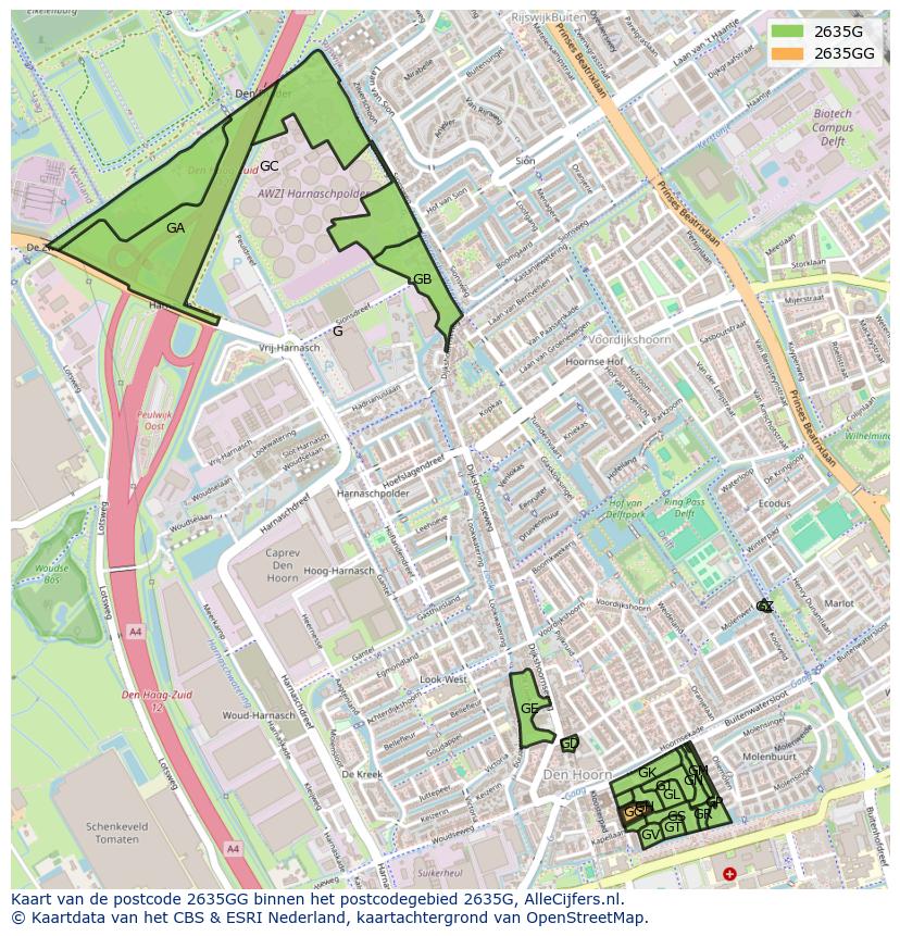 Afbeelding van het postcodegebied 2635 GG op de kaart.