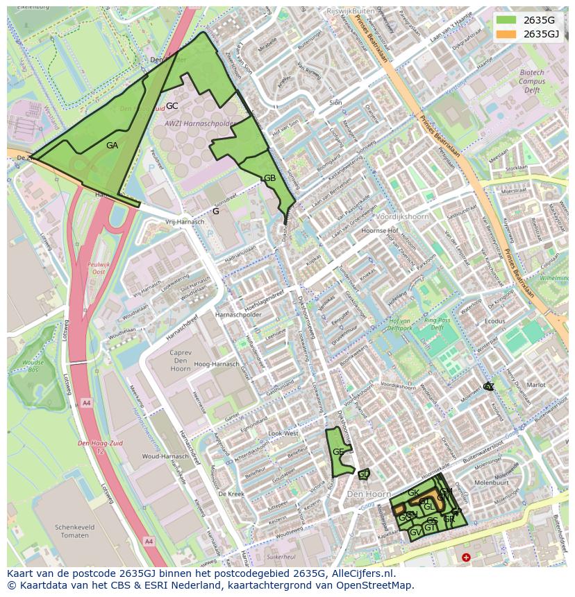 Afbeelding van het postcodegebied 2635 GJ op de kaart.