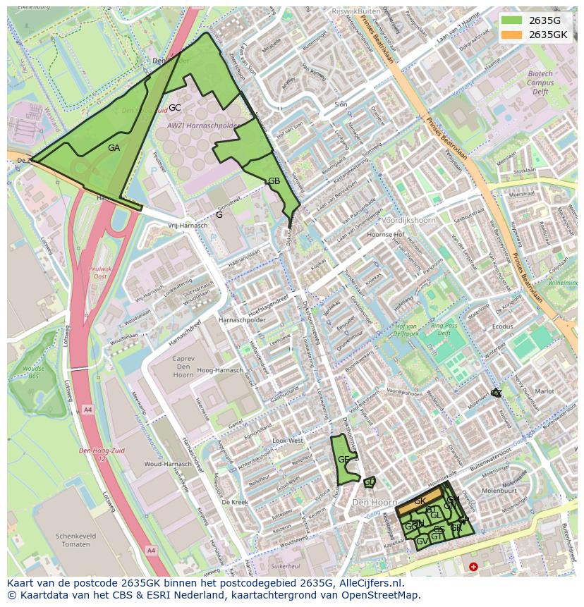 Afbeelding van het postcodegebied 2635 GK op de kaart.