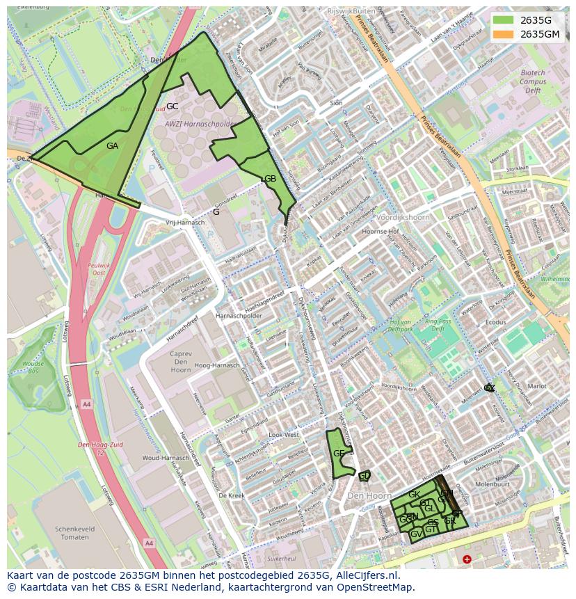 Afbeelding van het postcodegebied 2635 GM op de kaart.