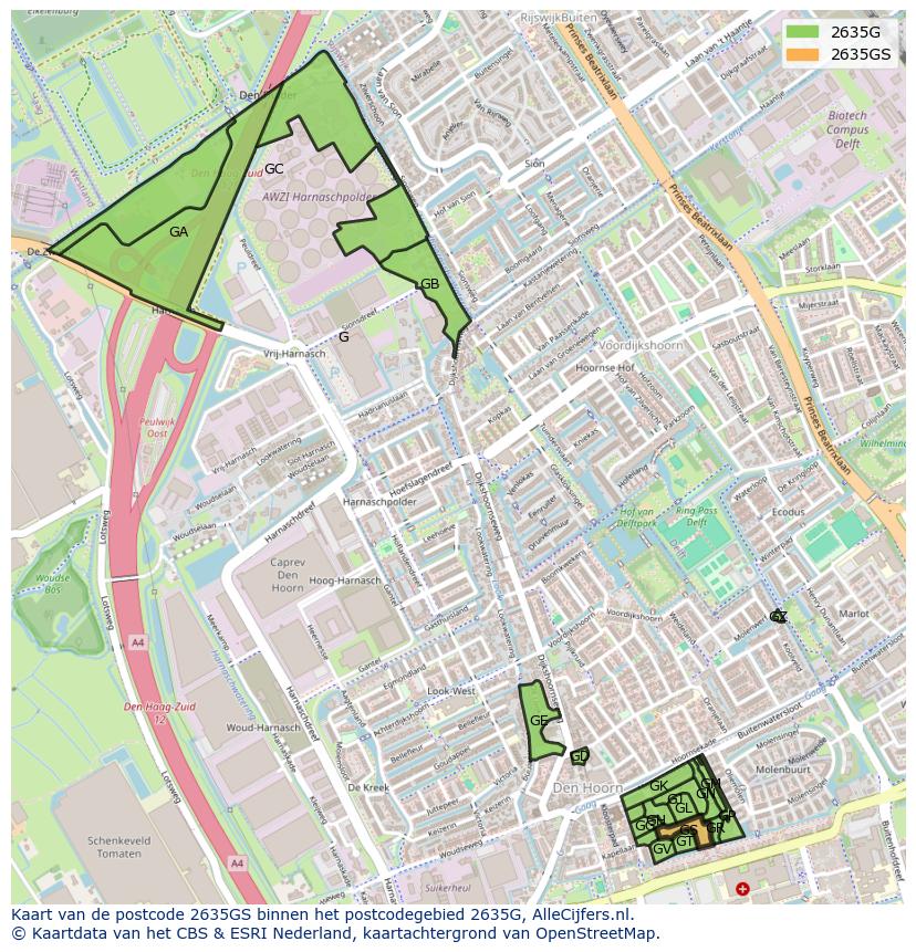 Afbeelding van het postcodegebied 2635 GS op de kaart.