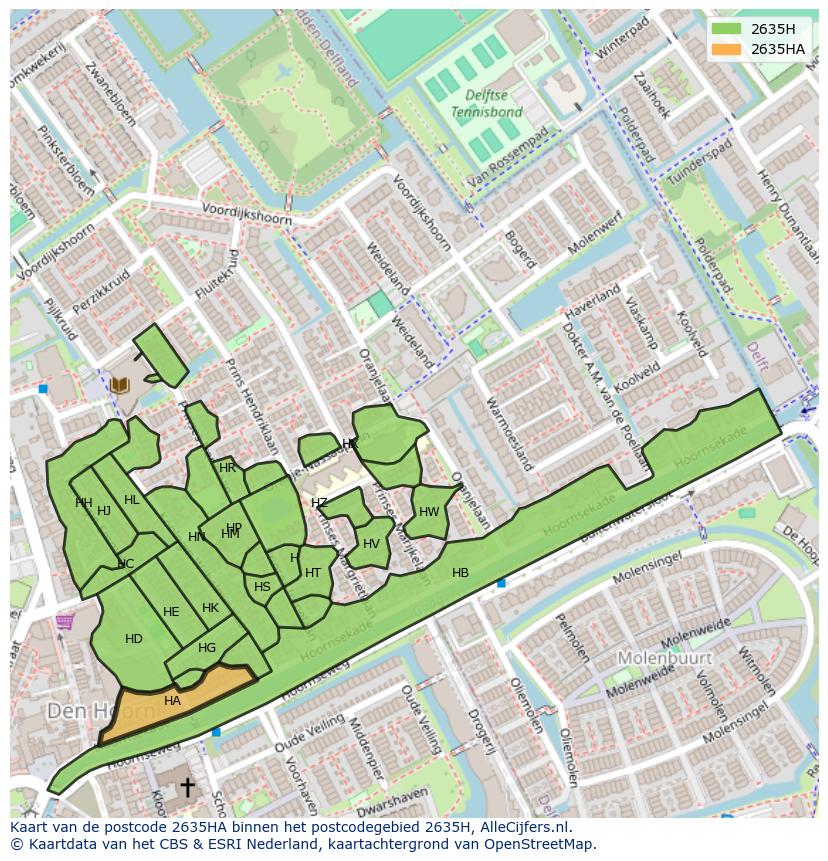 Afbeelding van het postcodegebied 2635 HA op de kaart.