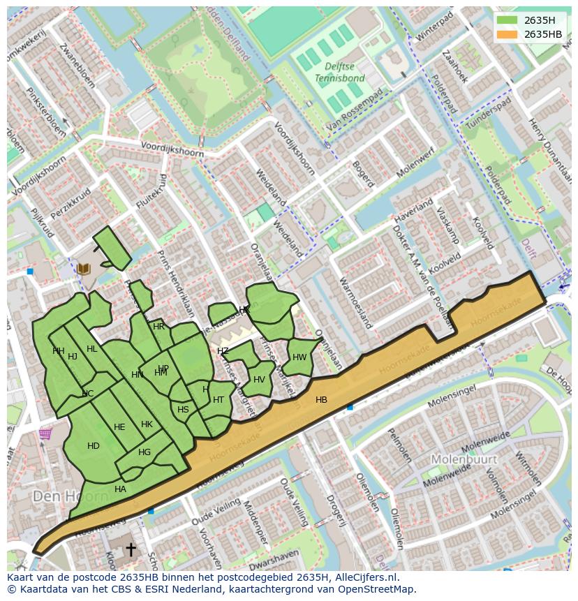 Afbeelding van het postcodegebied 2635 HB op de kaart.