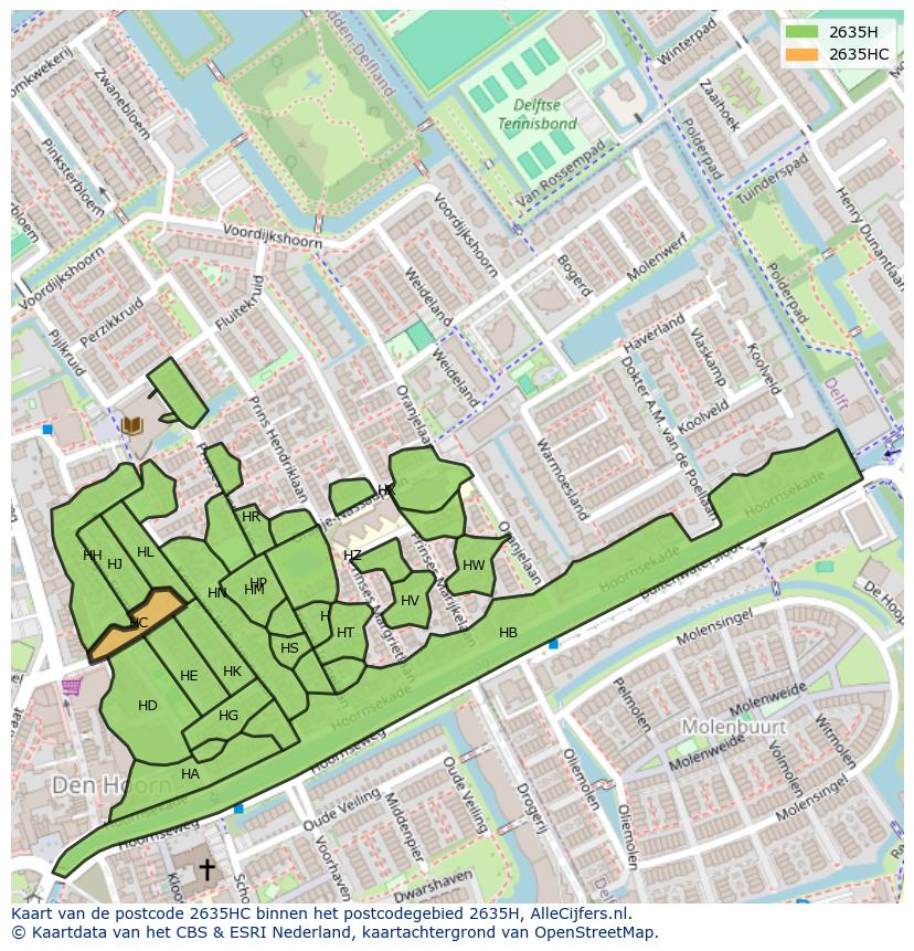 Afbeelding van het postcodegebied 2635 HC op de kaart.