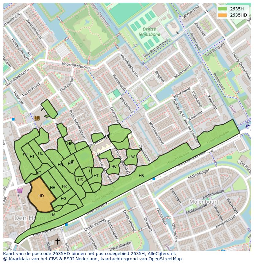 Afbeelding van het postcodegebied 2635 HD op de kaart.