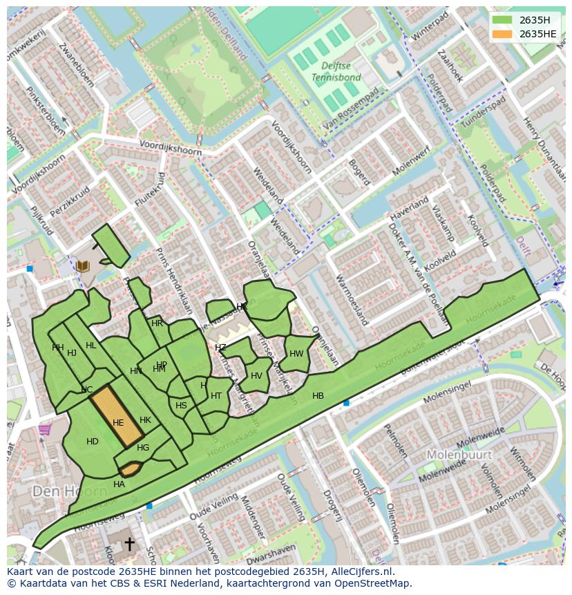 Afbeelding van het postcodegebied 2635 HE op de kaart.