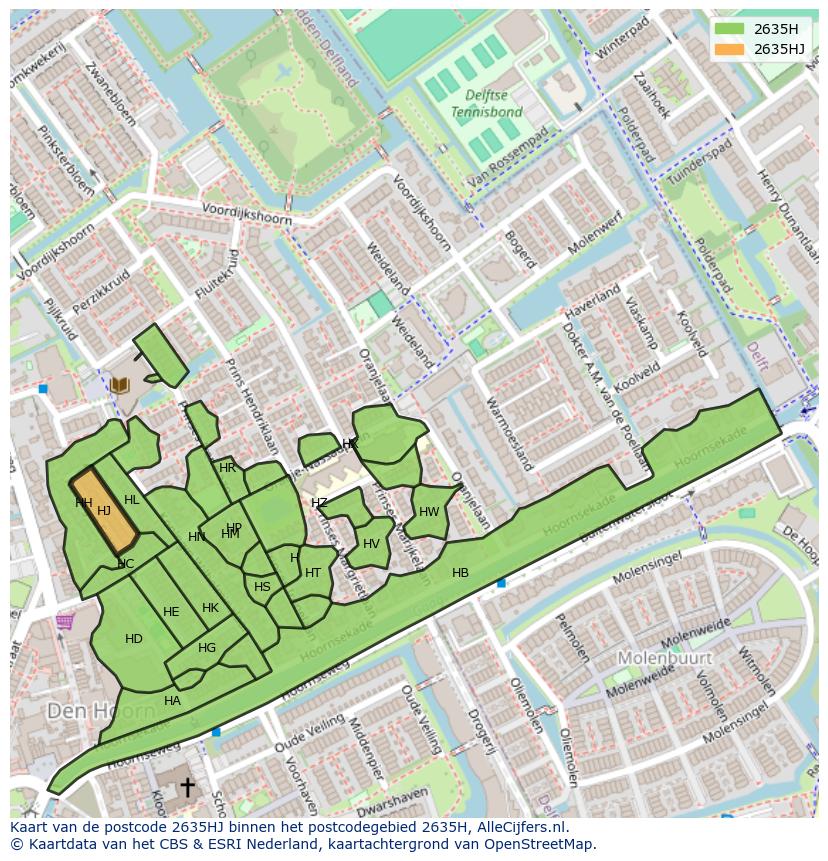 Afbeelding van het postcodegebied 2635 HJ op de kaart.