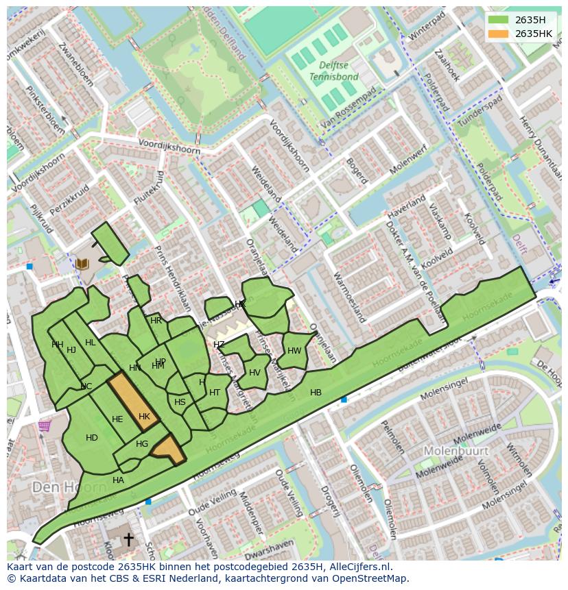 Afbeelding van het postcodegebied 2635 HK op de kaart.
