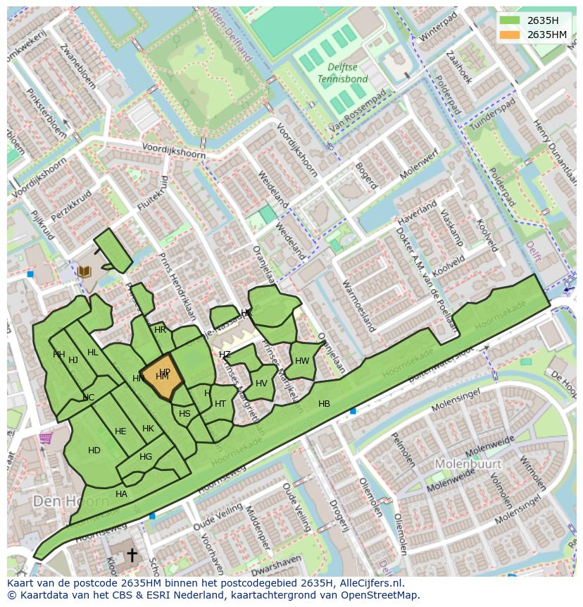 Afbeelding van het postcodegebied 2635 HM op de kaart.