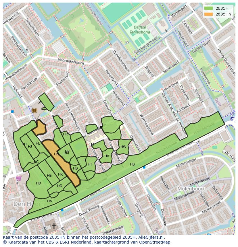 Afbeelding van het postcodegebied 2635 HN op de kaart.