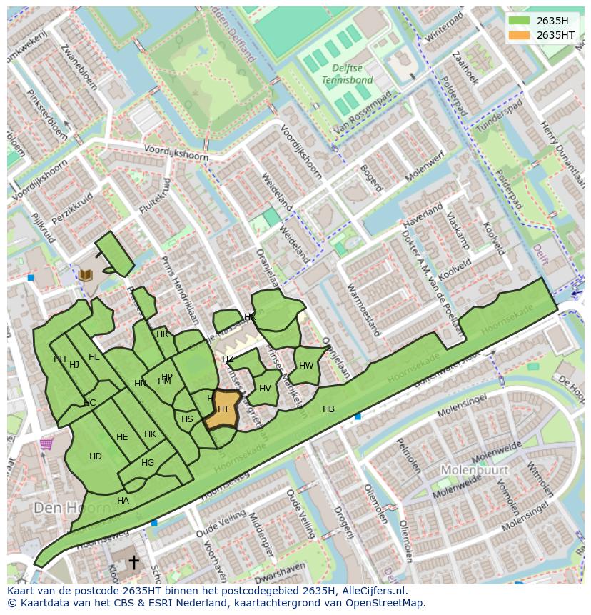 Afbeelding van het postcodegebied 2635 HT op de kaart.