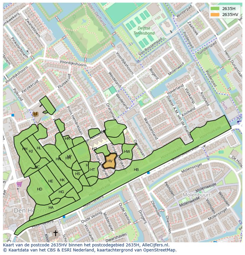 Afbeelding van het postcodegebied 2635 HV op de kaart.