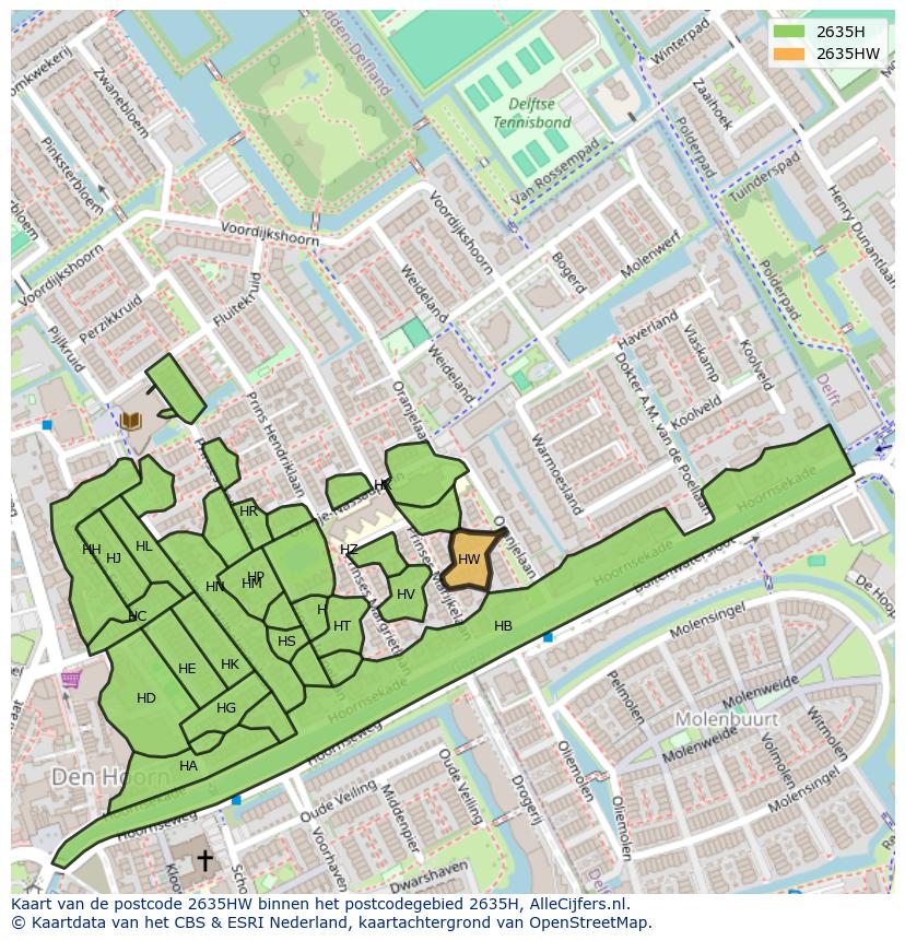Afbeelding van het postcodegebied 2635 HW op de kaart.