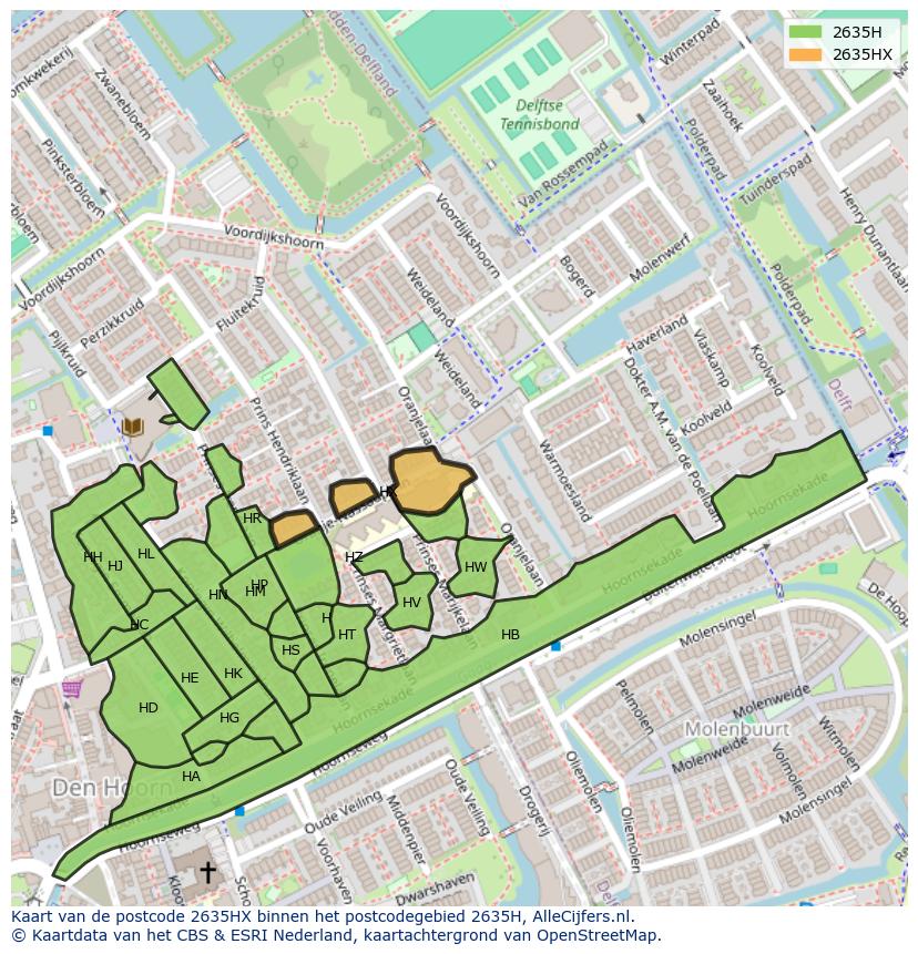 Afbeelding van het postcodegebied 2635 HX op de kaart.