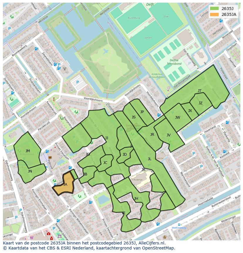 Afbeelding van het postcodegebied 2635 JA op de kaart.