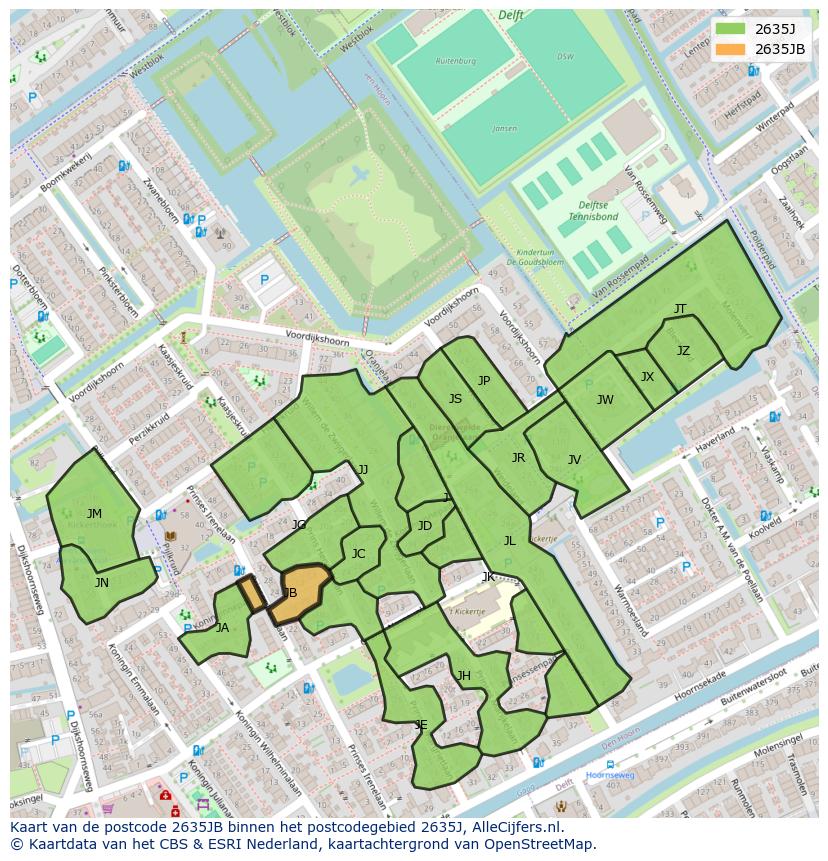 Afbeelding van het postcodegebied 2635 JB op de kaart.